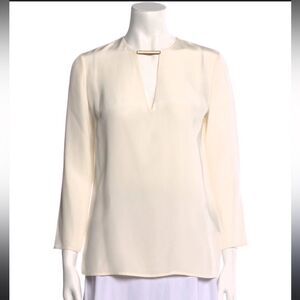 Ralph Lauren Black Label silk V-neck blouse cream ivory gold metal neckline Sz 4